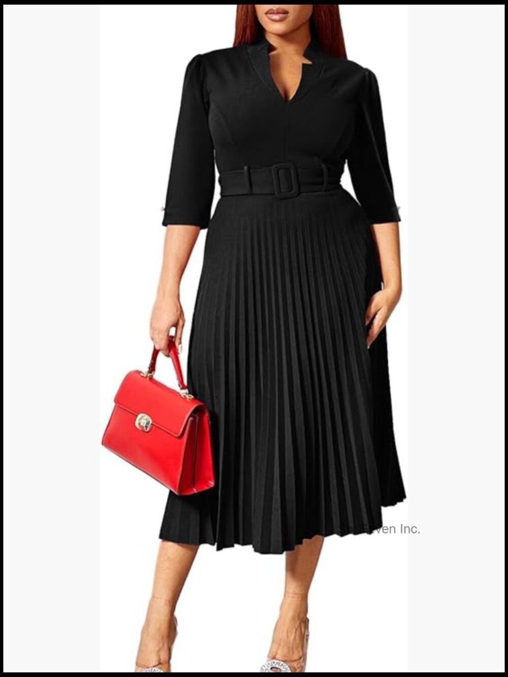 V Neck Business Casual Shirt Dress 3/4 Sleeves Pleated Midi with Belt